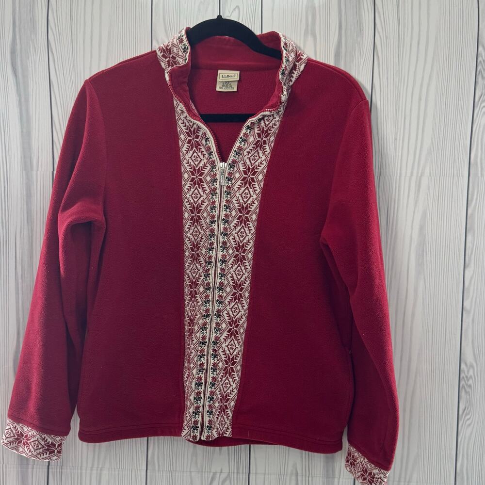 Y2K LL BEAN womens S Fleece JACKET Nordic Snowflake Knit Trim  Skandi Fair Isle